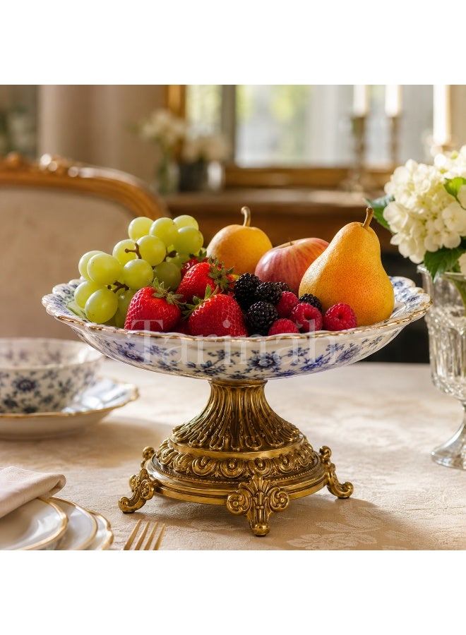 Blue & White Floral Porcelain Cake Stand with Gold Pedestal Base – Vintage Ceramic Serving Plate - Image 4
