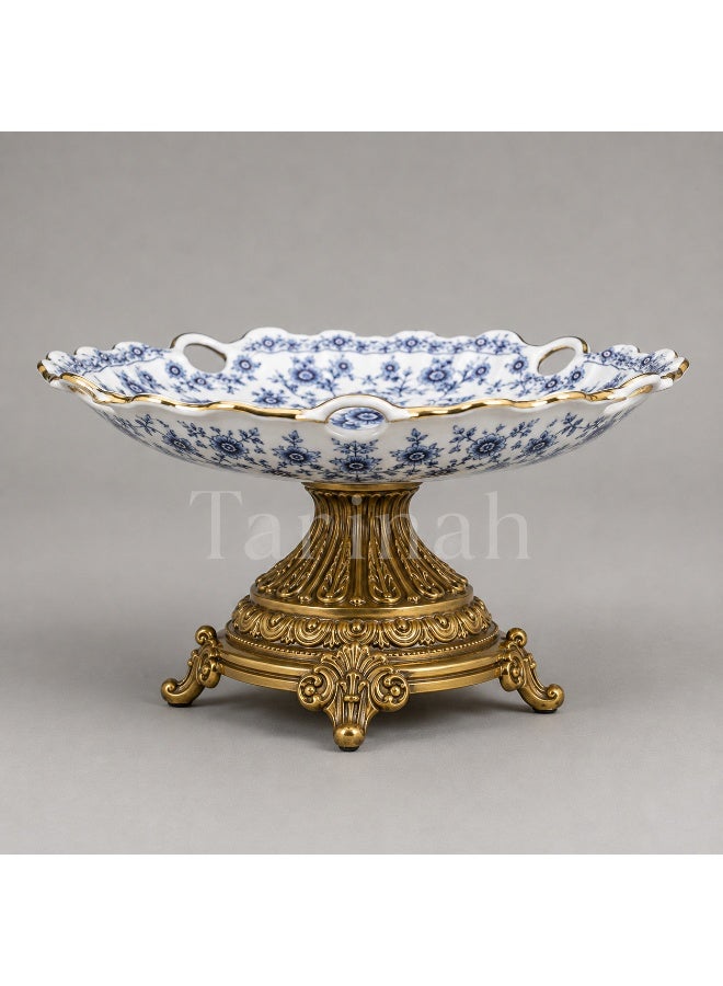 Blue & White Floral Porcelain Cake Stand with Gold Pedestal Base – Vintage Ceramic Serving Plate - Image 3