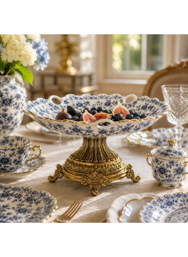Blue & White Floral Porcelain Cake Stand with Gold Pedestal Base – Vintage Ceramic Serving Plate - Image 5