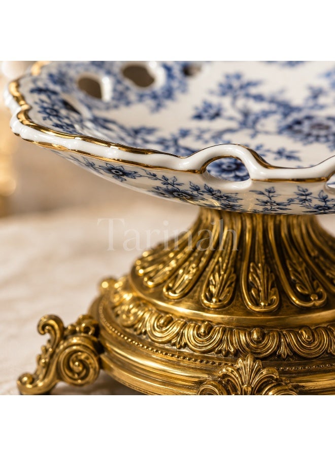 Blue & White Floral Porcelain Cake Stand with Gold Pedestal Base – Vintage Ceramic Serving Plate - Image 2