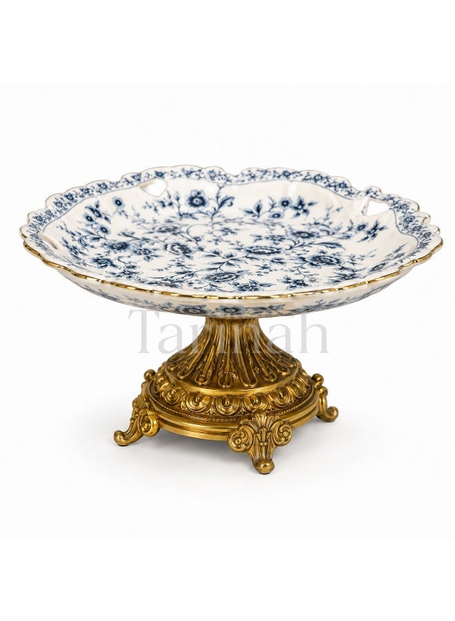 Blue & White Floral Porcelain Cake Stand with Gold Pedestal Base – Vintage Ceramic Serving Plate - Image 1