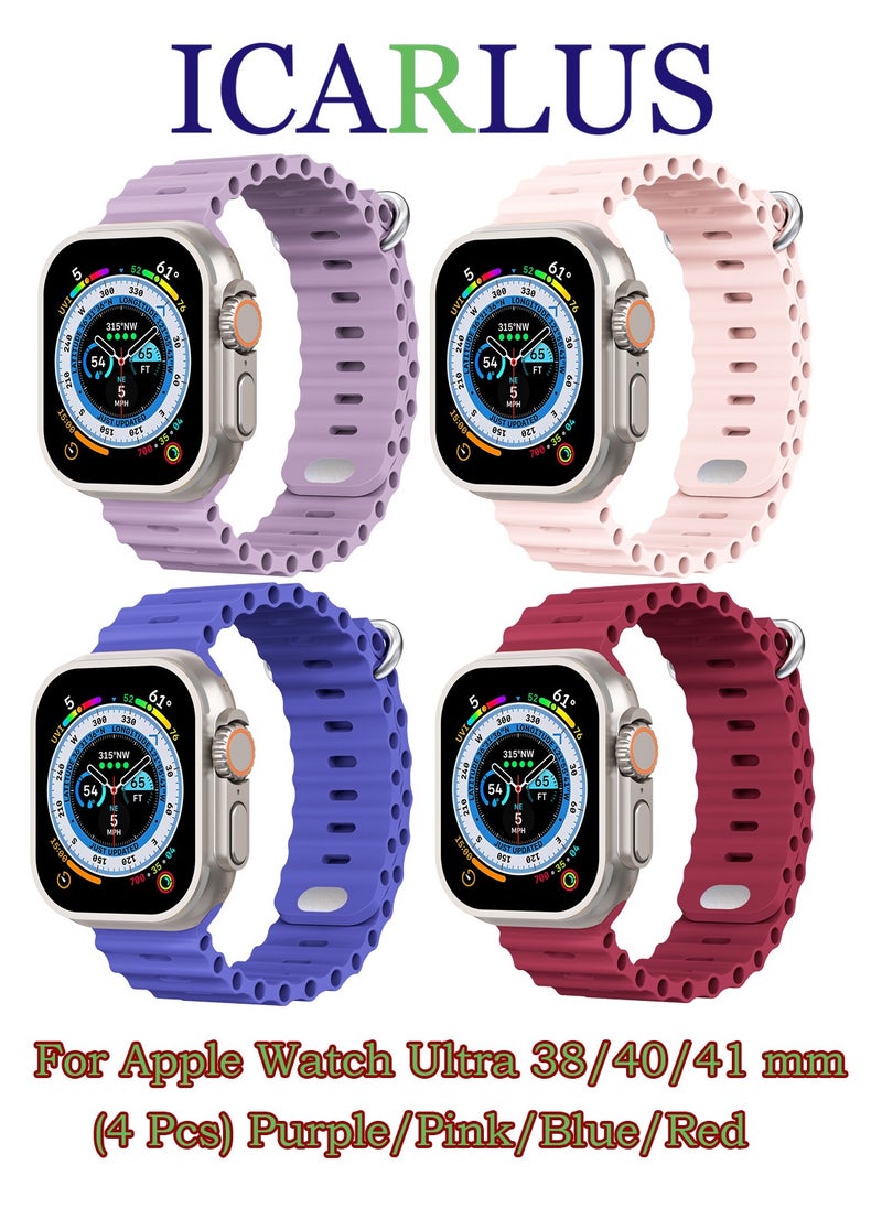 ICARLUS Ocean Band Compatible with Apple Watch Ultra Band 38/40/41mm, Soft Silicone Sport Band Replacement Strap for Apple Watch Ultra2/Ultra iWatch Series 9 8 7 SE 6 5 4 3 2 1, 4 Pack  - Image 1