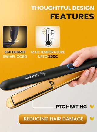 Hair Straightener  Ceramic Coated Plates Max Temperature Upto 200 PTC Heating 360 Swivel Cord Fast Heat Up And Long Lasting Lock Function  SHS-2067N Black/Gold - view 4
