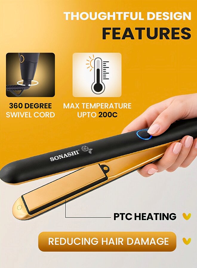 SONASHI Hair Straightener  Ceramic Coated Plates Max Temperature Upto 200 PTC Heating 360 Swivel Cord Fast Heat Up And Long Lasting Lock Function  SHS-2067N Black/Gold - Image 4