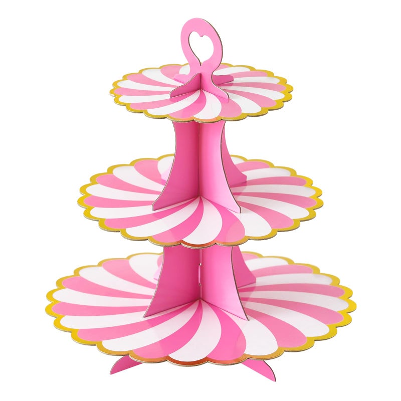 Soleebee 3-Tier Cupcake Stand, Cardboard Cupcake Tower, Dessert Cup Cake Stand Tower for Birthday Wedding Party Decoration, Cupcake Tier Stand 1 Set (Hot Pink Gold) - Image 1