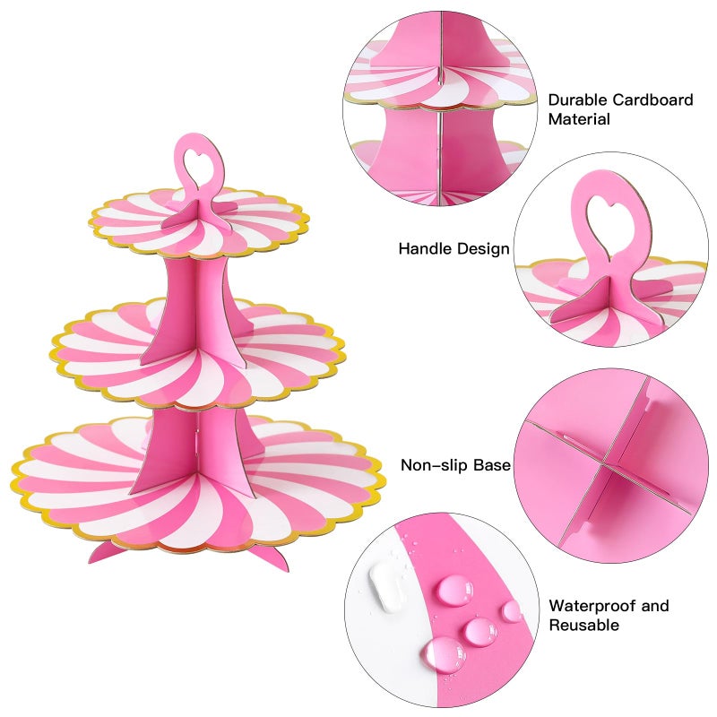 Soleebee 3-Tier Cupcake Stand, Cardboard Cupcake Tower, Dessert Cup Cake Stand Tower for Birthday Wedding Party Decoration, Cupcake Tier Stand 1 Set (Hot Pink Gold) - Image 3