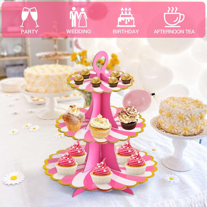 Soleebee 3-Tier Cupcake Stand, Cardboard Cupcake Tower, Dessert Cup Cake Stand Tower for Birthday Wedding Party Decoration, Cupcake Tier Stand 1 Set (Hot Pink Gold) - Image 5