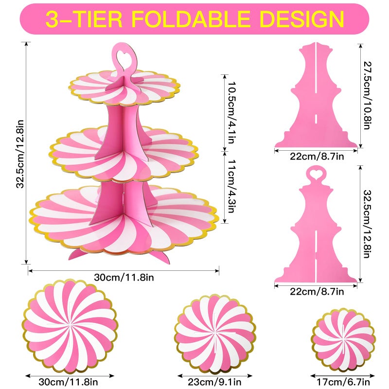 Soleebee 3-Tier Cupcake Stand, Cardboard Cupcake Tower, Dessert Cup Cake Stand Tower for Birthday Wedding Party Decoration, Cupcake Tier Stand 1 Set (Hot Pink Gold) - Image 2