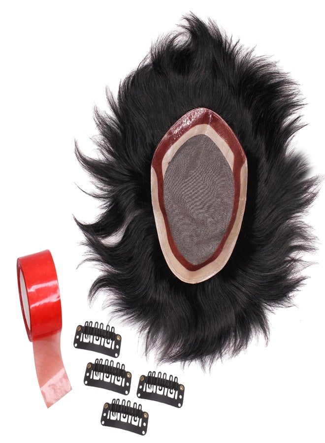 غلان شعر مستعار أحادي الخيوط من شعر بشري من GLAN، حل لتساقط الشعر، رقعة شعر/شعر مستعار سهل التركيب للمناطق الصلعاء للرجال والفتيان، عبوة من قطعة واحدة (بني داكن، 7 * 5) - Image 1