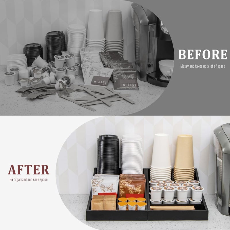 ANBOXIT Coffee Station Organizer for Countertop, Condiment Service Organizer, Coffee Bar Supplies Caddy for Home, Office and Breakroom - Wooden, Black, 9 Compartment, Two-in-One - Image 4