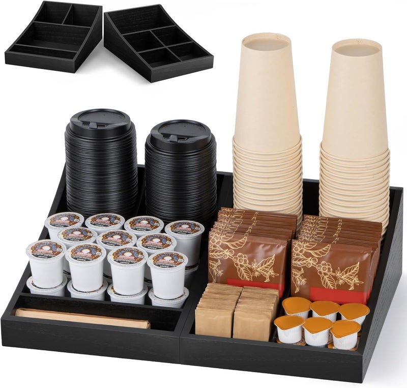 ANBOXIT Coffee Station Organizer for Countertop, Condiment Service Organizer, Coffee Bar Supplies Caddy for Home, Office and Breakroom - Wooden, Black, 9 Compartment, Two-in-One - Image 1
