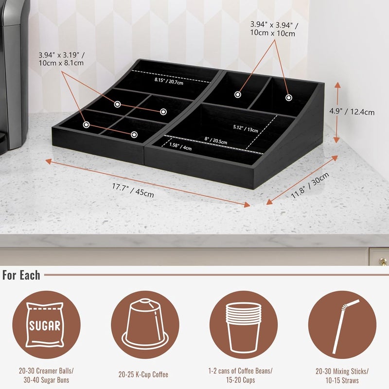 ANBOXIT Coffee Station Organizer for Countertop, Condiment Service Organizer, Coffee Bar Supplies Caddy for Home, Office and Breakroom - Wooden, Black, 9 Compartment, Two-in-One - Image 5