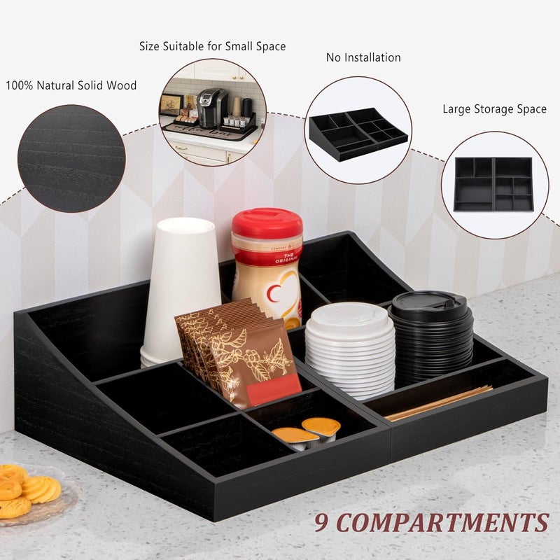 ANBOXIT Coffee Station Organizer for Countertop, Condiment Service Organizer, Coffee Bar Supplies Caddy for Home, Office and Breakroom - Wooden, Black, 9 Compartment, Two-in-One - Image 3