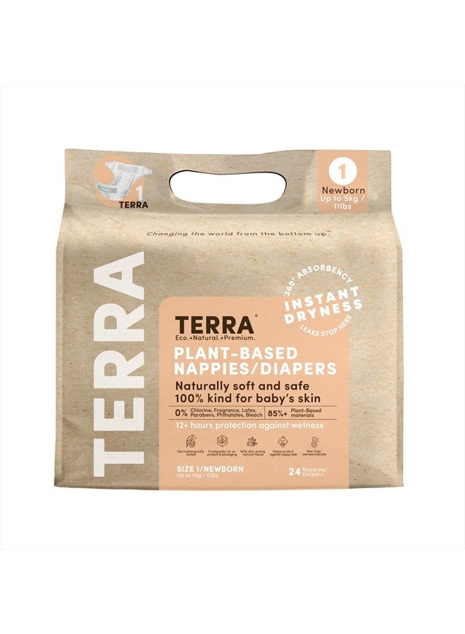 Terra حفاظات حديثي الولادة مقاس 1: 85% حفاظات نباتية، فائقة النعومة وخالية من المواد الكيميائية للبشرة الحساسة، امتصاص فائق للحفاظات النهارية أو الليلية، مصممة لحديثي الولادة حتى 11 رطل، 24 قطعة - Image 1
