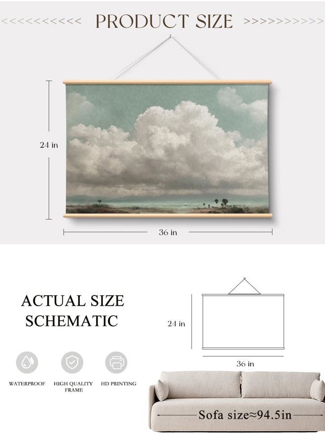 ARPEOTCY Hanging Framed Canvas 24X36 inch Vintage Cloudscape Landscape Ocean Beach Art Wood Scroll Poster Hanger Ready to Hang for Living Room Bedroom Office Wall Decor - Image 3