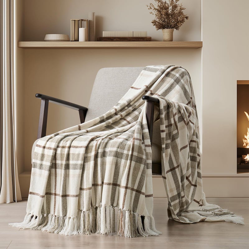 EverGrace Plaid Chenille Throw Blanket for Couch, Super Soft Cozy Decorative Farmhouse Plaid Throw with Tassels, Lightweight Chenille Knit Throw for Bed Sofa Gift Home Decor, Beige 50â€x60â€ - Image 1