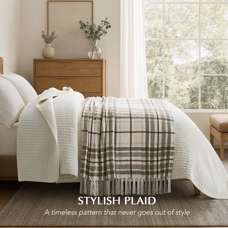 EverGrace Plaid Chenille Throw Blanket for Couch, Super Soft Cozy Decorative Farmhouse Plaid Throw with Tassels, Lightweight Chenille Knit Throw for Bed Sofa Gift Home Decor, Beige 50â€x60â€ - Image 2