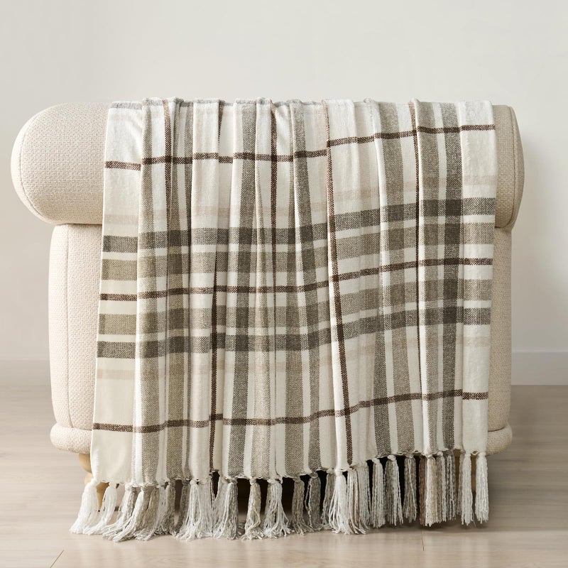 EverGrace Plaid Chenille Throw Blanket for Couch, Super Soft Cozy Decorative Farmhouse Plaid Throw with Tassels, Lightweight Chenille Knit Throw for Bed Sofa Gift Home Decor, Beige 50â€x60â€ - Image 5