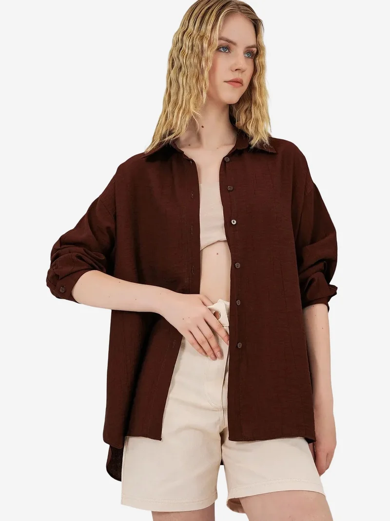 Big Dart Mocha Brown BDART Oversized Long-Sleeve Button-Up Shirt for Women | Best Price UAE