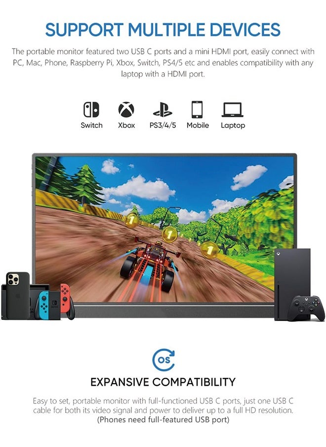 Portable Monitor, 15.6'' 1080P FHD Laptop Monitor USB C HDMI Computer Display HDR Eye Care External Screen w/Smart Cover for Mac Phone Xbox Switch PS5-S1 Table