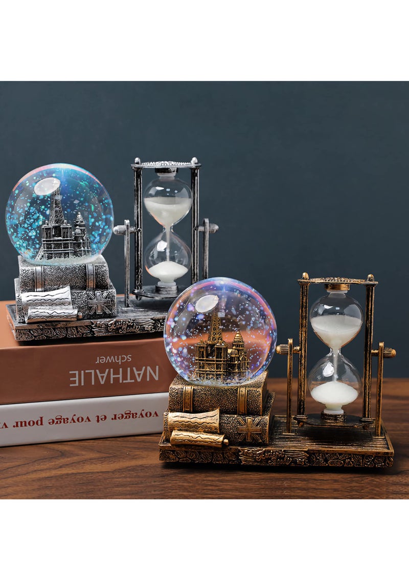 KASTWAVE - Antique Snow Globe with Hourglass Timer LED Musical Crystal Snow Globe Music Box Collectibles Sand Clock Timer for Fireplace Mantel Home Decorations Silver Castle - Image 1