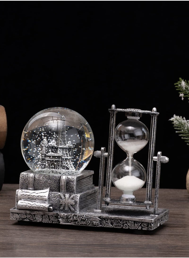 KASTWAVE - Antique Snow Globe with Hourglass Timer LED Musical Crystal Snow Globe Music Box Collectibles Sand Clock Timer for Fireplace Mantel Home Decorations Silver Castle - Image 1