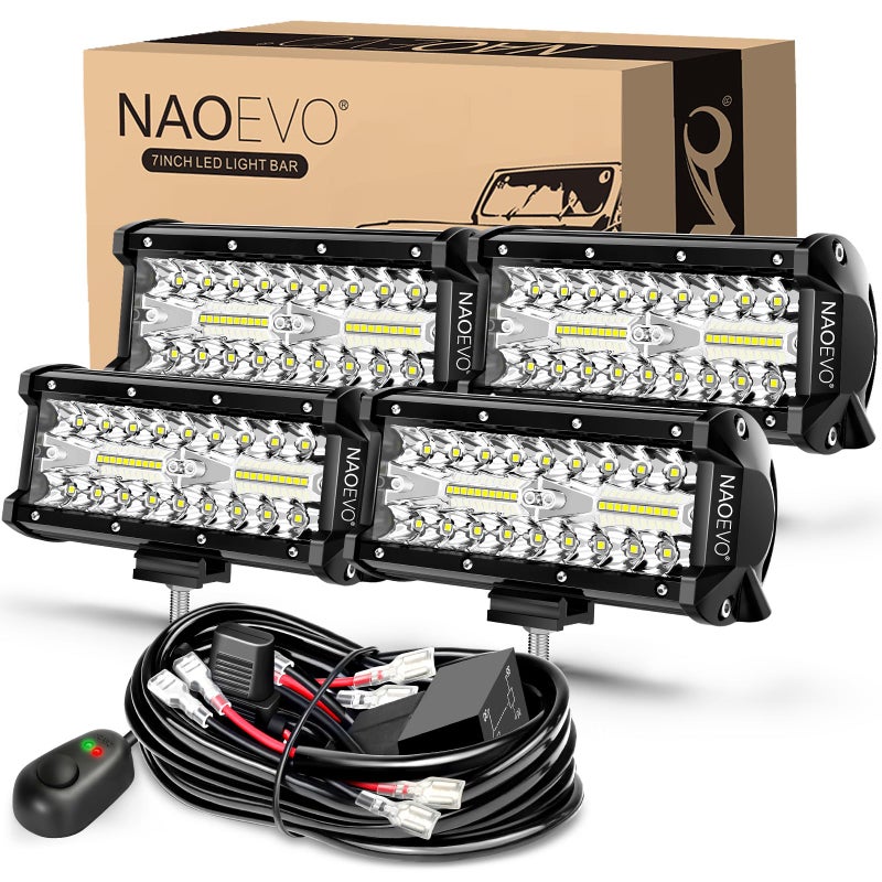 شريط إضاءة LED NAOEVO بحجم 7 بوصة مع أضواء ضبابية للقيادة على الطرق الوعرة مع مجموعة مدمجة من بقعة الفيض للعمل للشاحنات والجرارات والقوارب وATV وUTV 4 قطع مع 4 أسلاك توصيل
