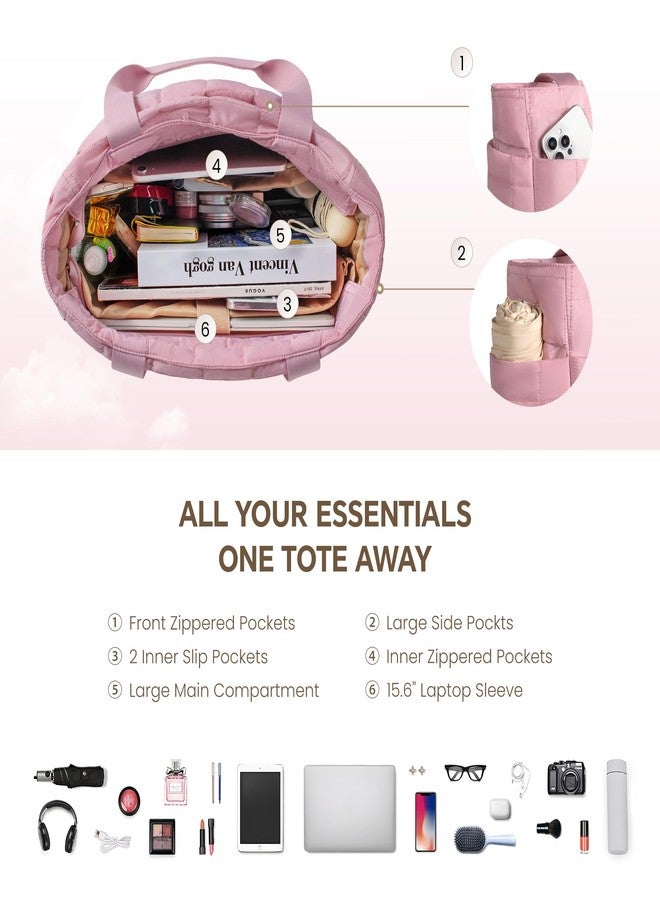 بيفن حقيبة حمل كبيرة منفوخة من بيفن للنساء، حقيبة كتف للسفر والكمبيوتر المحمول والعمل، متعددة الجيوب، بسحاب، خفيفة الوزن، وردية، كبيرة - Image 2