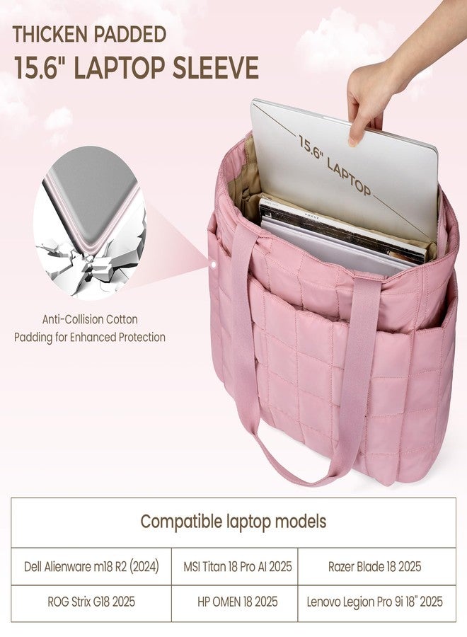 بيفن حقيبة حمل كبيرة منفوخة من بيفن للنساء، حقيبة كتف للسفر والكمبيوتر المحمول والعمل، متعددة الجيوب، بسحاب، خفيفة الوزن، وردية، كبيرة - Image 3