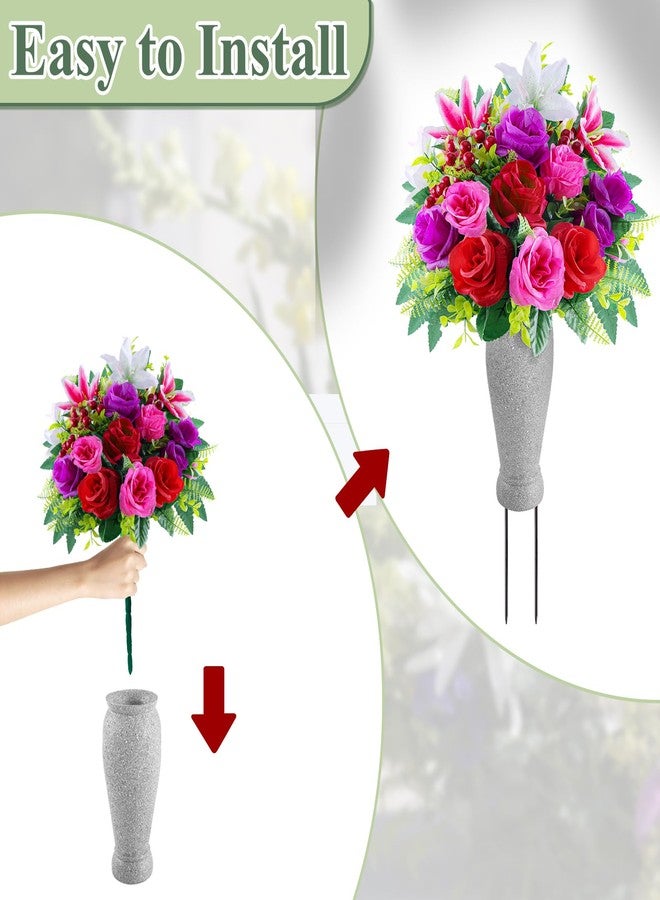 Consevisen Artificial Cemetery Flowers for Grave with Vase, Set of 2 Silk Rose Lily and Red Berry Realistic Memorial Bouquets with Resin Vases, Outdoor Grave Decorations for Headstones - Image 5