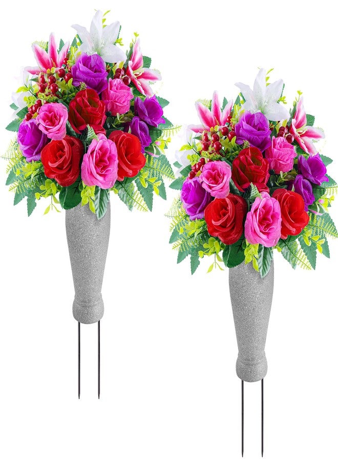 Consevisen Artificial Cemetery Flowers for Grave with Vase, Set of 2 Silk Rose Lily and Red Berry Realistic Memorial Bouquets with Resin Vases, Outdoor Grave Decorations for Headstones - Image 1