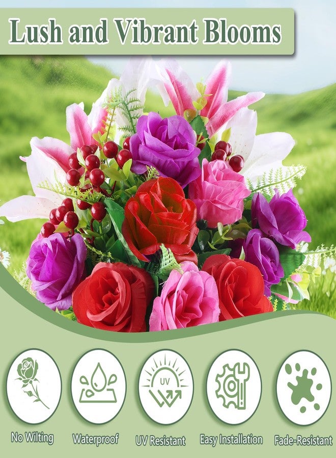 Consevisen Artificial Cemetery Flowers for Grave with Vase, Set of 2 Silk Rose Lily and Red Berry Realistic Memorial Bouquets with Resin Vases, Outdoor Grave Decorations for Headstones - Image 3