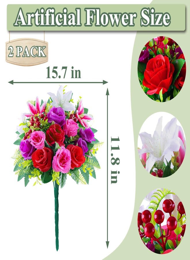 Consevisen Artificial Cemetery Flowers for Grave with Vase, Set of 2 Silk Rose Lily and Red Berry Realistic Memorial Bouquets with Resin Vases, Outdoor Grave Decorations for Headstones - Image 2
