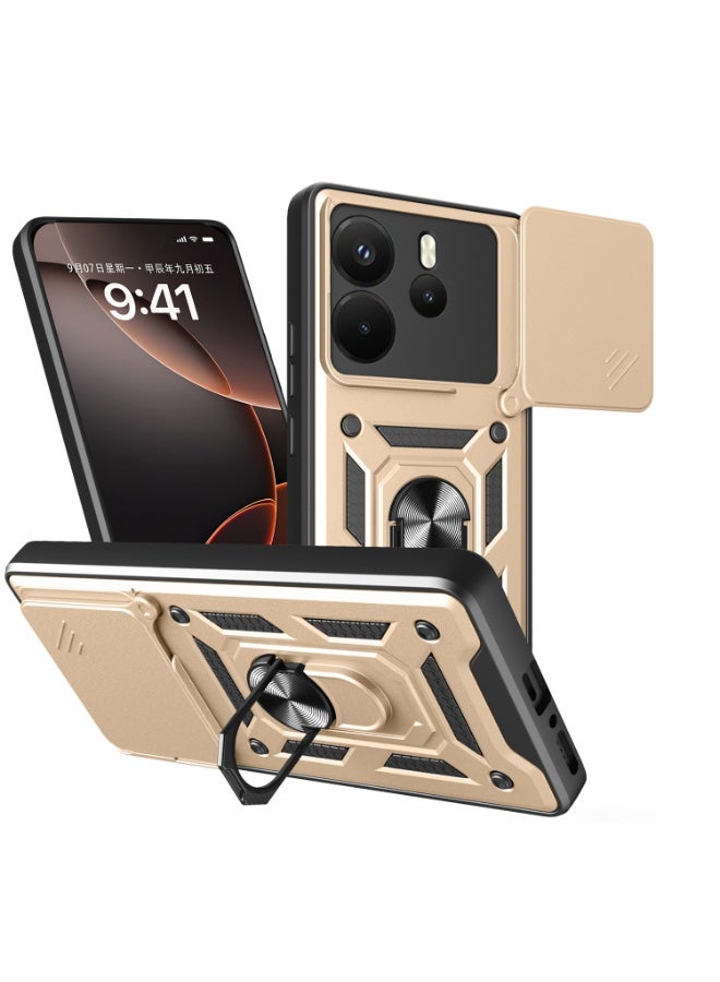 Shunjia Sliding Window Case, Shockproof Rugged Armor with Sliding Camera Cover & 360° Ring Kickstand, Compatible with Xiaomi Redmi Note 14 (Gold)