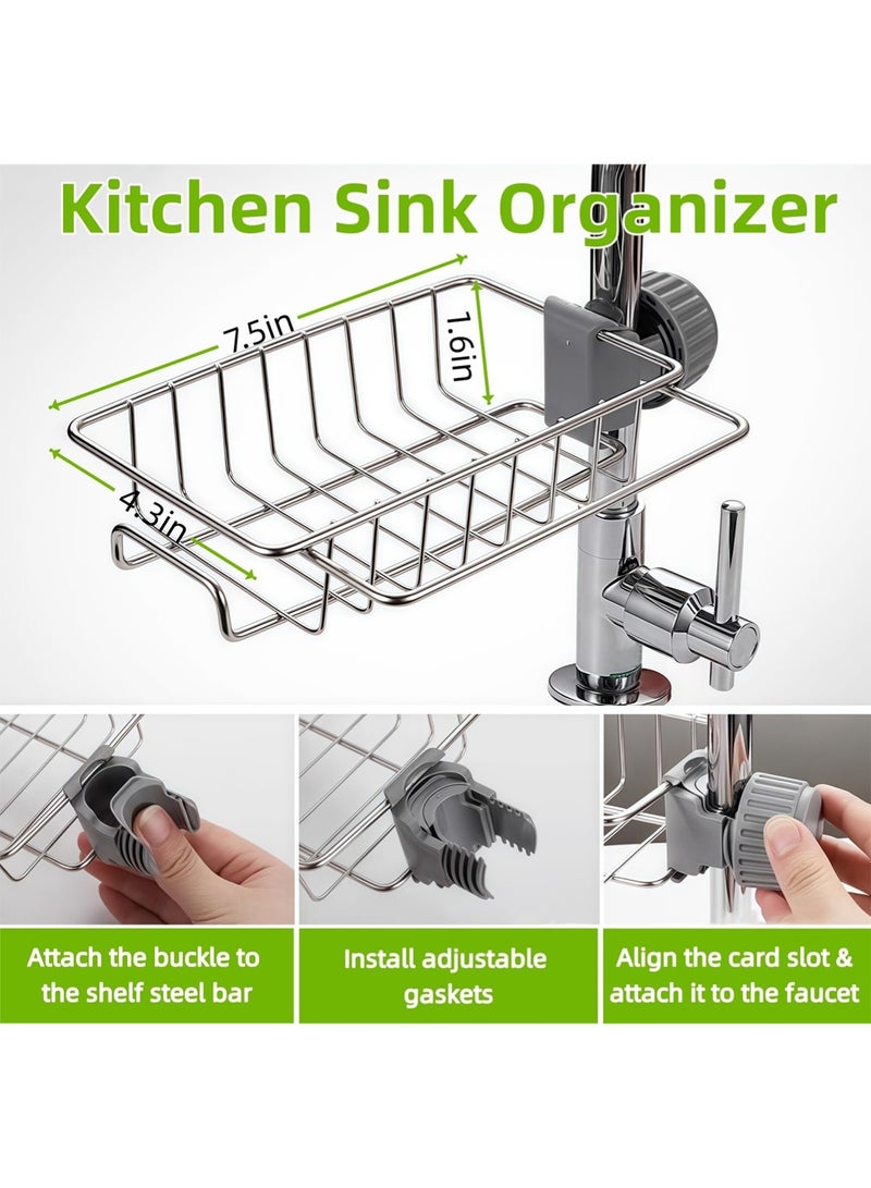YOONISPRO Stainless Steel Sink Rack – Removable Faucet Mounted Drainage Rack for Kitchen & Bathroom, Holds Sponges, Soap, Brushes & Towels (Silver) - Image 3