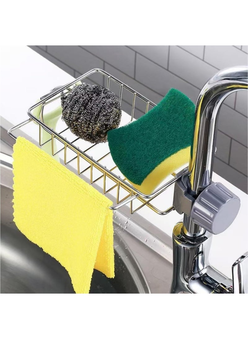 YOONISPRO Stainless Steel Sink Rack – Removable Faucet Mounted Drainage Rack for Kitchen & Bathroom, Holds Sponges, Soap, Brushes & Towels (Silver) - Image 1