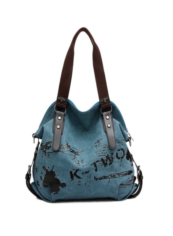 Chikencall Women Ladies Bags Casual Vintage Hobo Canvas Mulit-Pocket Daily Purse Messenger Top Handle Shoulder Large Tote Shopper Handbag Shopping Graffiti European Style Bags-Blue - Image 1