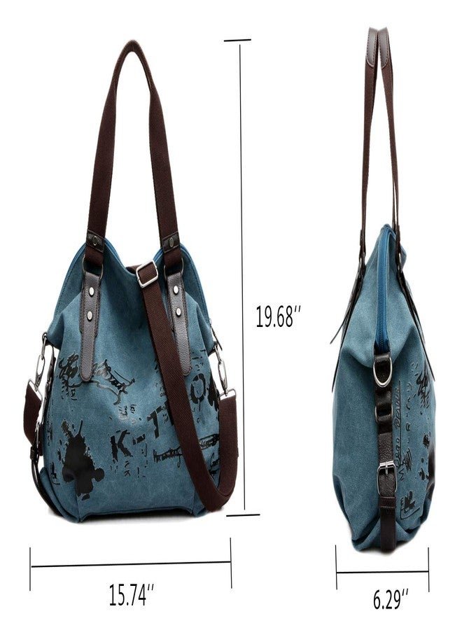 Chikencall Women Ladies Bags Casual Vintage Hobo Canvas Mulit-Pocket Daily Purse Messenger Top Handle Shoulder Large Tote Shopper Handbag Shopping Graffiti European Style Bags-Blue - Image 3