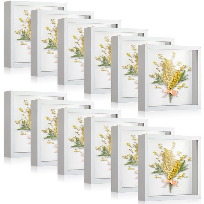 12 PCS SHADOW BOX BULK DISPLAY CASE PLASTIC SHADOW BOX PICTURE FRAME FOR PHOTOS FLOWER WEDDING BOUQUETS PET MEMORIAL GRADUATION OBJECT BUTTERFLY TICKETS WALL TABLETOP8 X 8 INCH WHITE