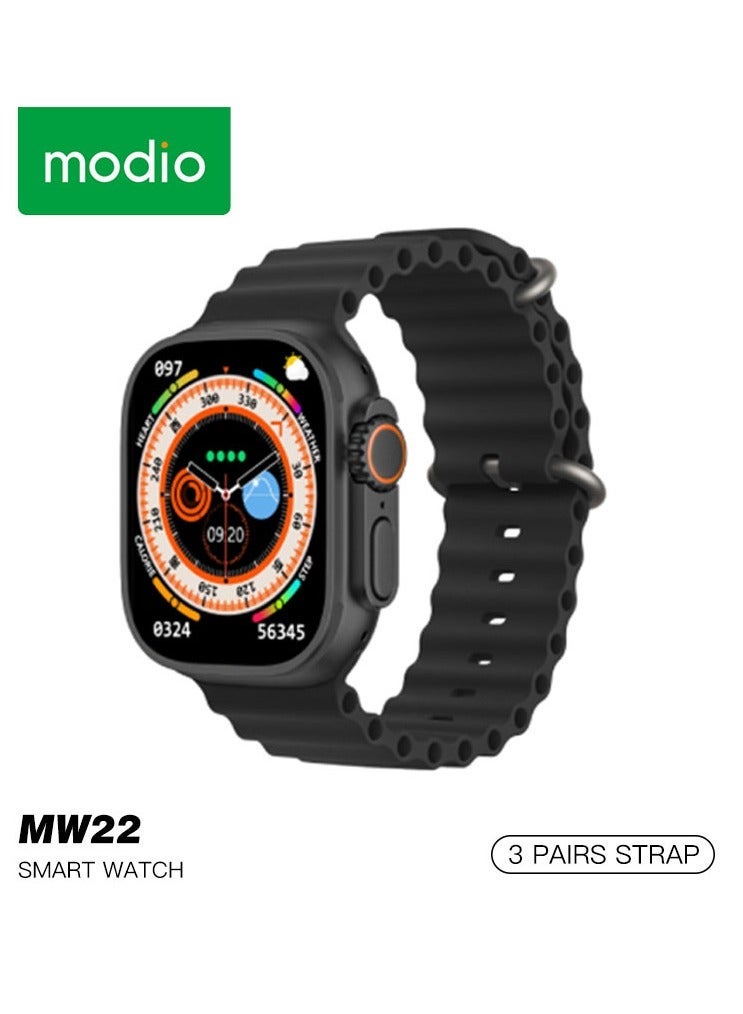 Modio MW22 Smartwatch Black – 2.2 Inch HD Display, Includes 3 Stylish Strap Options and Charging Cable, Full Touchscreen, Health Monitoring Features, Fitness Tracking, Call Notifications, Designed for Ladies and Gents, Compatible with Android & iOS - Image 1