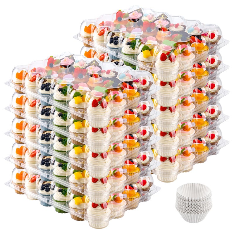 NPLUX 24 Count Cupcake Containers 10 Pack Cupcake Holders Plastic Stackable Cupcake Boxes with Detachable Tall Dome Lids and 240 Liners for 240 Cupcakes BPA Free Standard Size