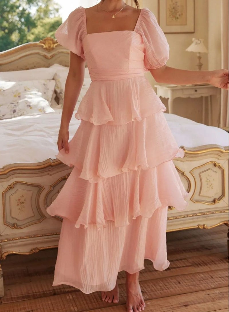 GEXUAN Women's Square Neck Puff Sleeve Tiered Maxi Dress - Image 1