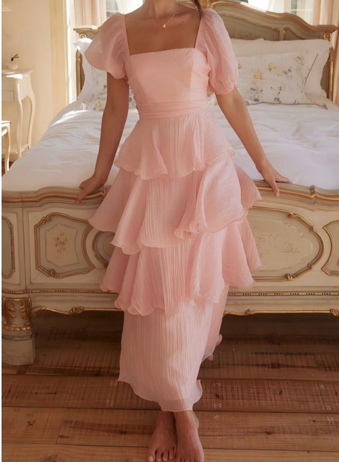 GEXUAN Women's Square Neck Puff Sleeve Tiered Maxi Dress - Image 2