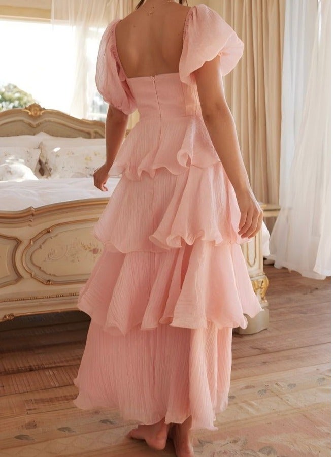 GEXUAN Women's Square Neck Puff Sleeve Tiered Maxi Dress - Image 3