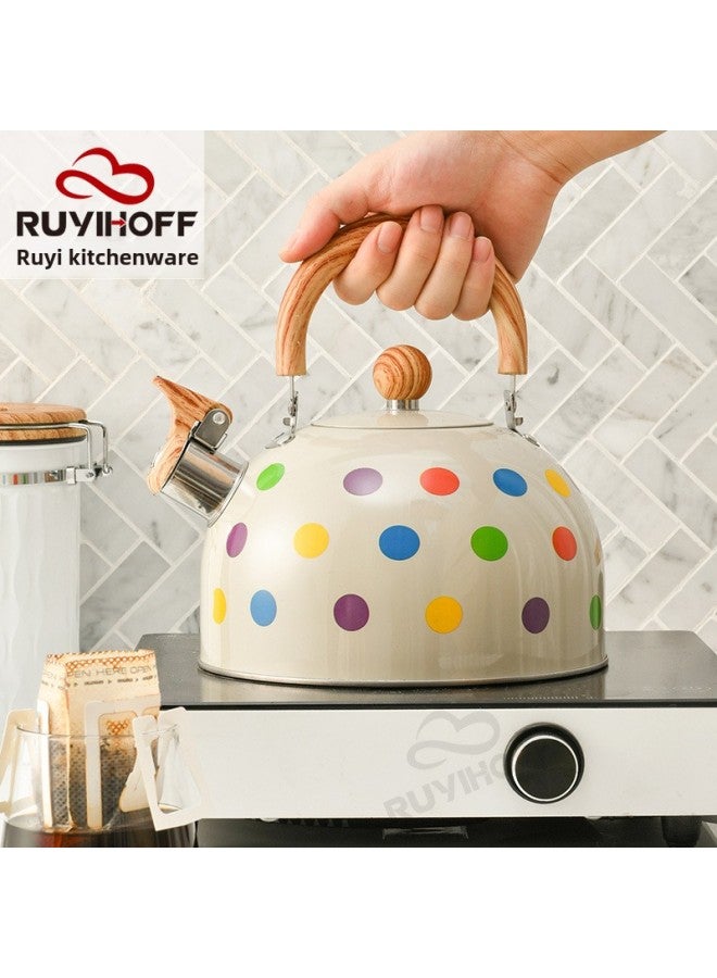 Wave Point Spray Color Stainless Steel Sound Kettle Tea Coffee European And American Siren Kettle 3L Kitchenware Whistle Pot-Capacity:3l Rice White Polka Dots - Image 4