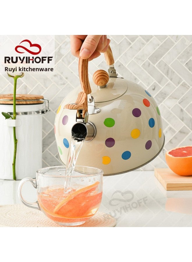 Wave Point Spray Color Stainless Steel Sound Kettle Tea Coffee European And American Siren Kettle 3L Kitchenware Whistle Pot-Capacity:3l Rice White Polka Dots - Image 3