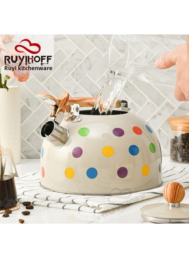 Wave Point Spray Color Stainless Steel Sound Kettle Tea Coffee European And American Siren Kettle 3L Kitchenware Whistle Pot-Capacity:3l Rice White Polka Dots - Image 2