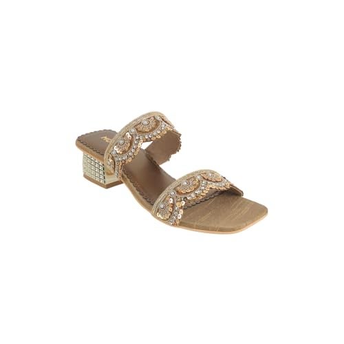 Mochi Women's Antique Gold Synthetic Ethnic Sandals | Slip-On Embellished Block Heel Sandals for Women | Light Weight Sequined Embroidered Footwear | Square Toe Fashion Sandals | Size UK 7 | - Image 3