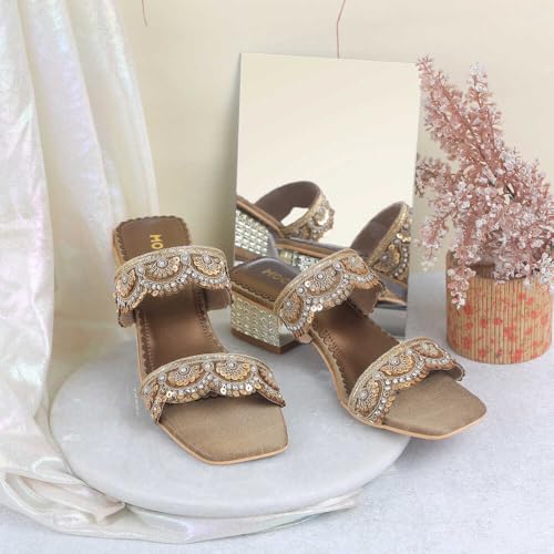 Mochi Women's Antique Gold Synthetic Ethnic Sandals | Slip-On Embellished Block Heel Sandals for Women | Light Weight Sequined Embroidered Footwear | Square Toe Fashion Sandals | Size UK 7 | - Image 2