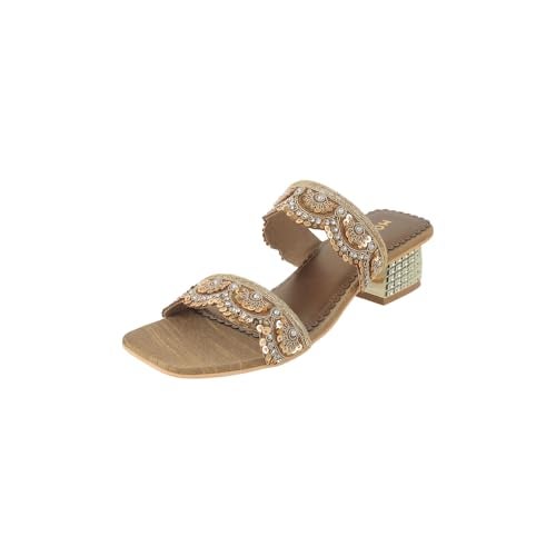 Mochi Women's Antique Gold Synthetic Ethnic Sandals | Slip-On Embellished Block Heel Sandals for Women | Light Weight Sequined Embroidered Footwear | Square Toe Fashion Sandals | Size UK 7 | - Image 1